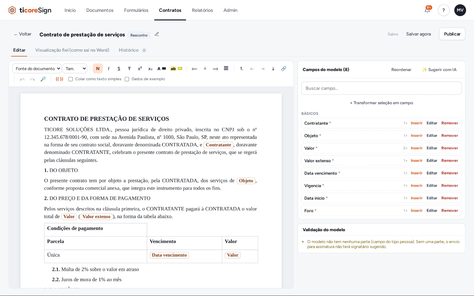 Editor de modelo de contrato em Word com os campos variáveis marcados no texto