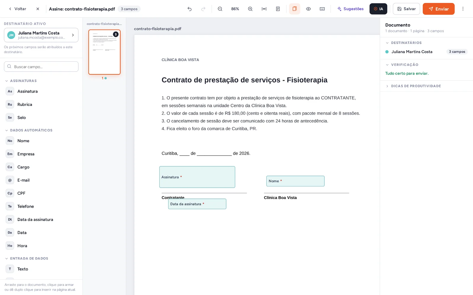 Editor de campos do ticoreSign com a assinatura, a data e o nome posicionados sobre o contrato