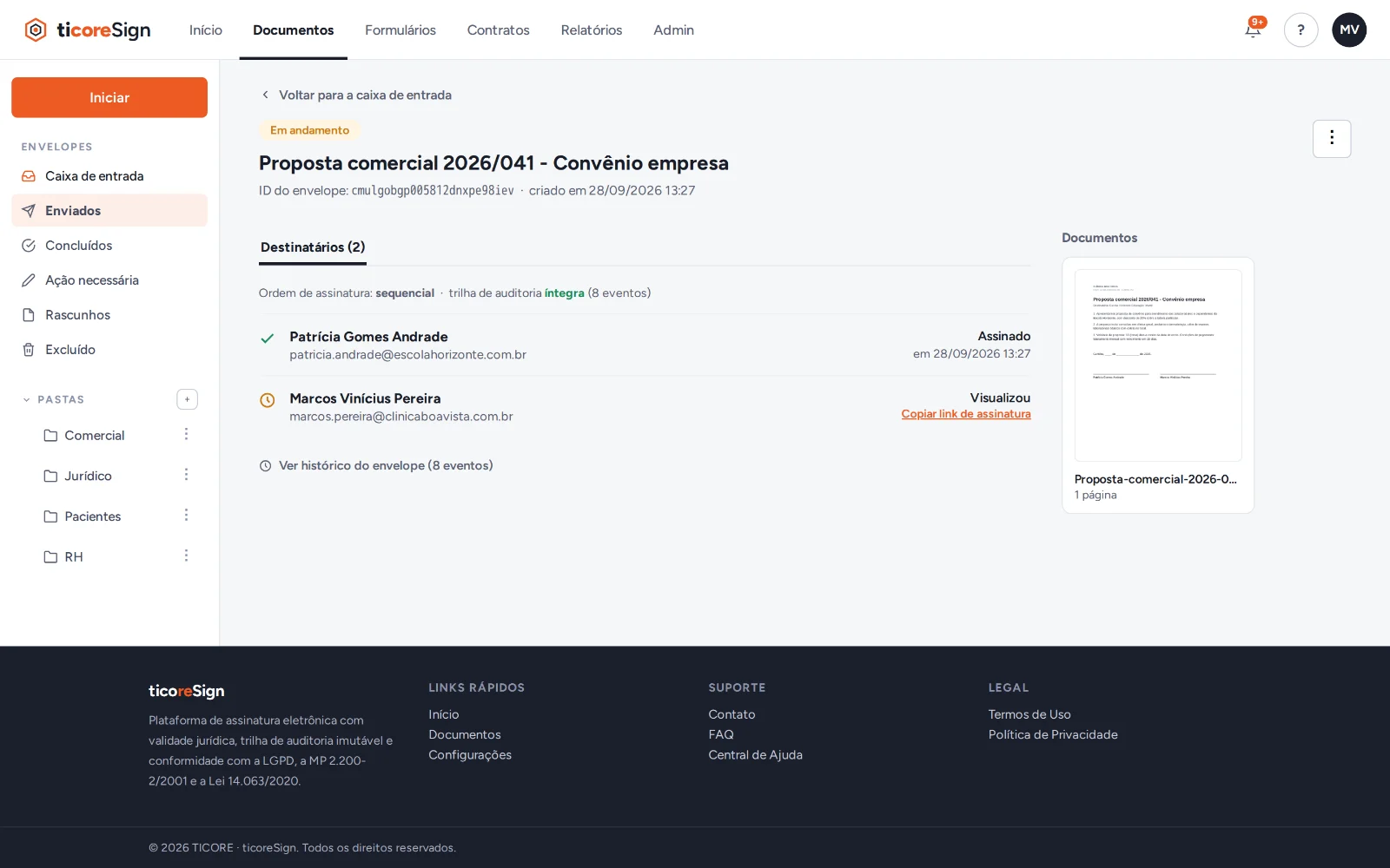 Detalhe de um envelope no ticoreSign mostrando quem já assinou e quem apenas visualizou