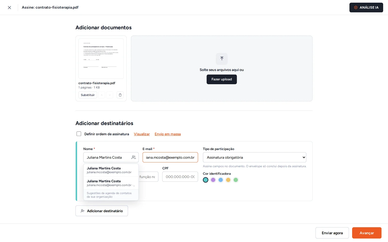 Etapa de destinatários do envio: nome, e-mail e tipo de participação