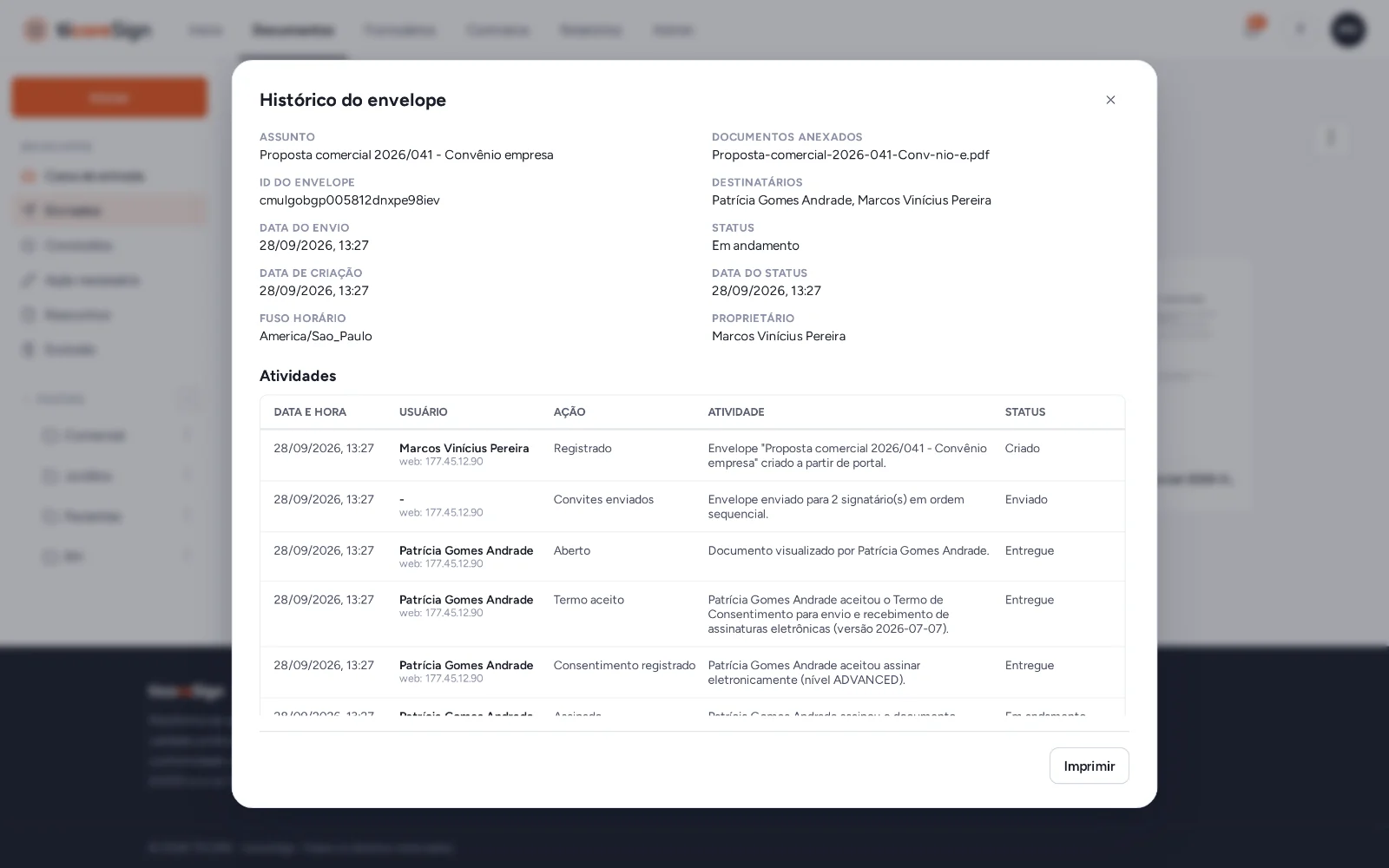 Histórico do envelope com a lista de atividades registradas